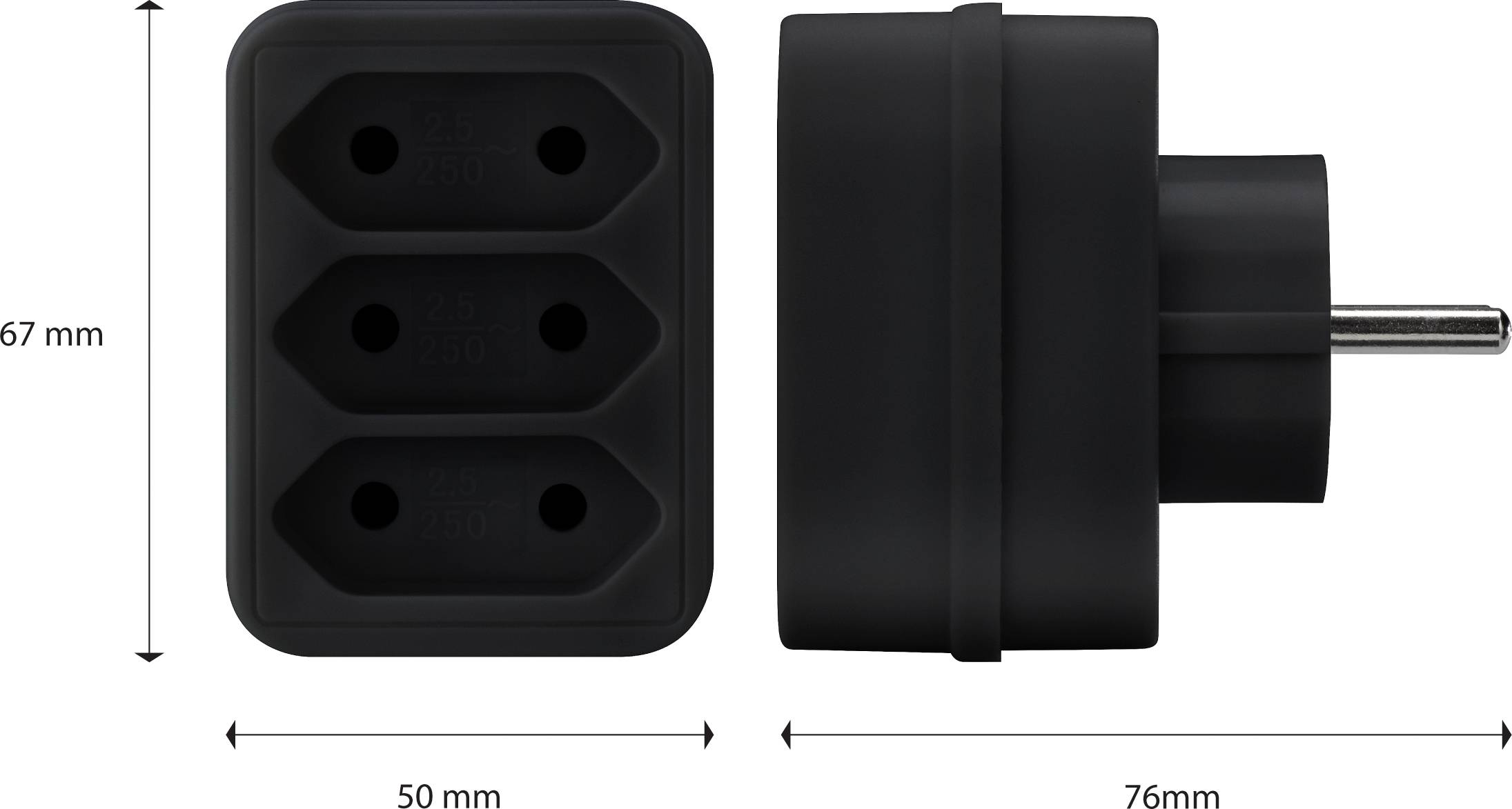 Zwarte stopcontact met drie aansluitingen, afmetingen: 67 mm hoogte, 50 mm breedte, 76 mm diepte, toont voor- en zijaanzicht.