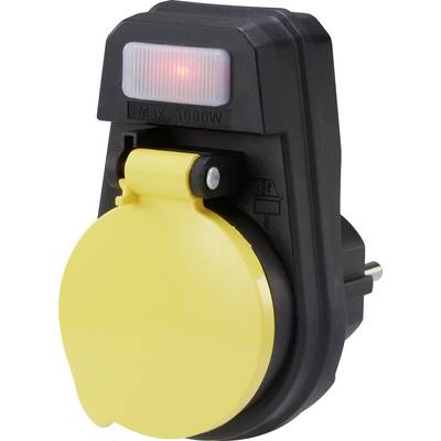 Gele stopcontact met zwarte behuizing, geschikt voor een maximaal vermogen van 3680W. Rood licht geeft de stroomtoevoer aan.