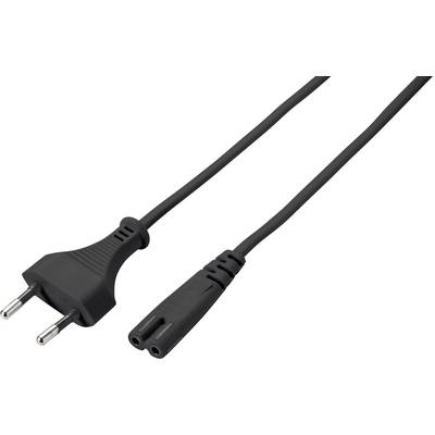 Zwart, tweederig netkabel met een Eurostekker (type C) en aan de andere kant een rechthoekige stekker. Geschikt voor kleine elektrische apparaten.