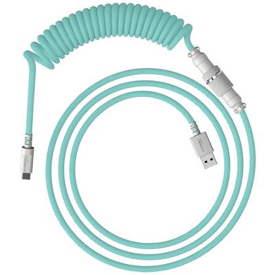 Een turquoise, gewonden USB-kabel met zilveren connectoren. Hij is spiraalvormig en geschikt voor toetsenborden en vergelijkbare apparaten.