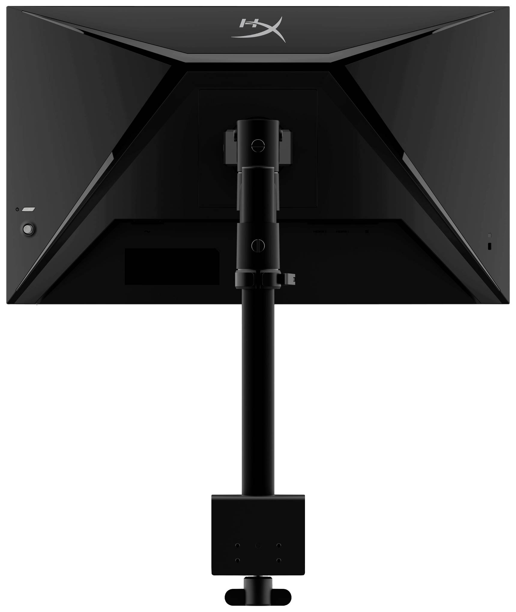 Een groot scherm aan de achterkant gemonteerd op een stabiele, verstelbare standaard, geschikt voor ergonomische bureaus.