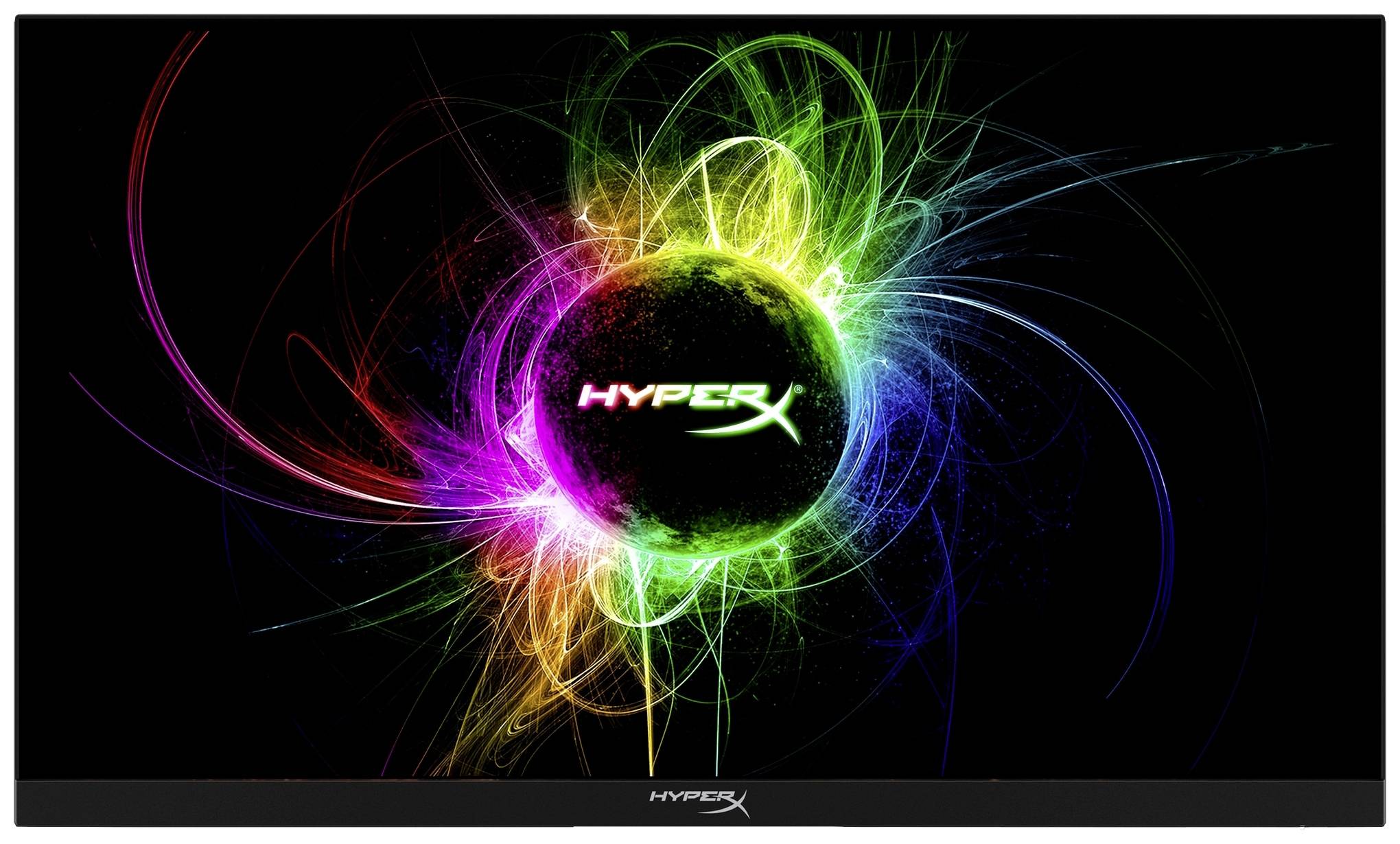 Stralend 'HyperX'-logo in het centrum van een kleurrijk, draaiend lichteffect op een zwarte achtergrond.