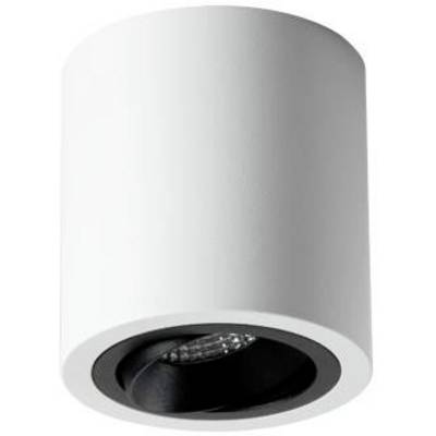 Een cilindrische, witte plafondlamp met een zwart binnendeel. Hij is modern vormgegeven en geschikt voor binnenruimtes.