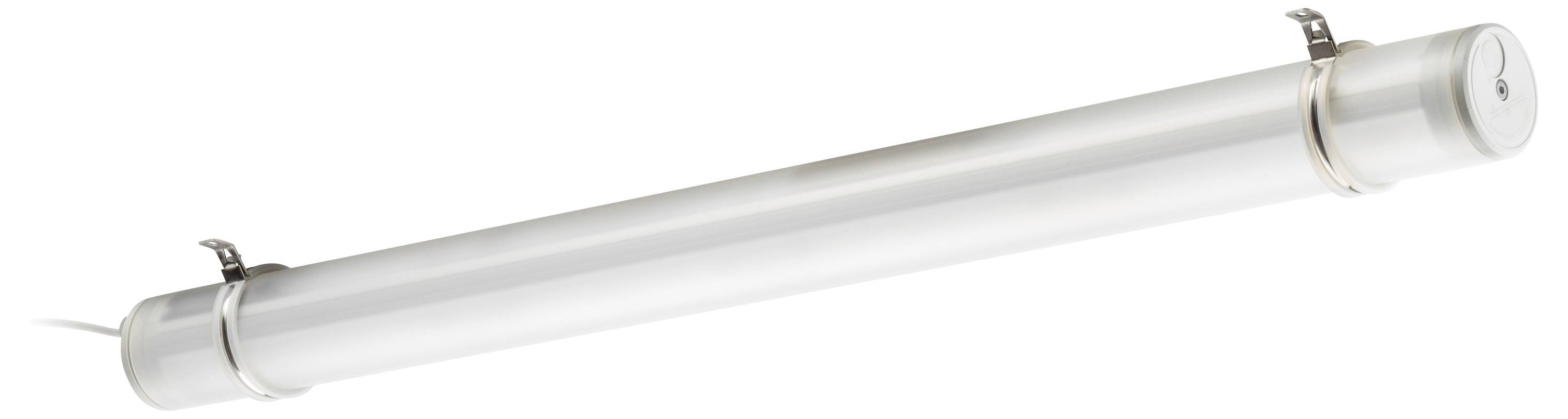 Een staafvormige LED-verlichting in een robuuste, waterdichte behuizing met montagebeugels aan beide zijden, geschikt voor buitentoepassingen.