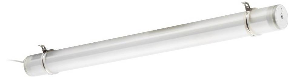 Wit, langwerpig LED-armatuur met twee bevestigingsbeugels aan de uiteinden voor installatie. Geschikt voor heldere, gelijkmatige verlichting.