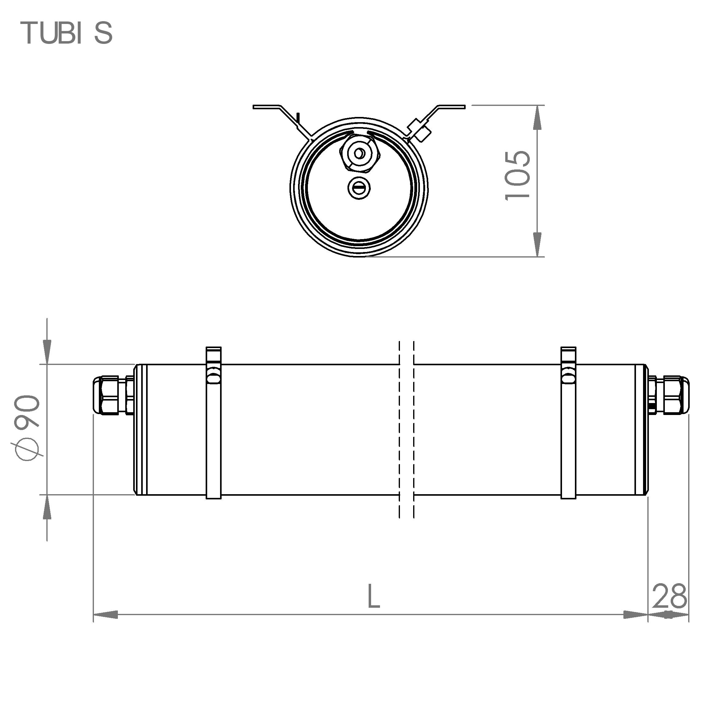 Technische tekening van een buissectie, zijaanzicht en vooraanzicht, met aangegeven afmetingen: diameter 90, lengte L, hoogte 105, breedte 28.