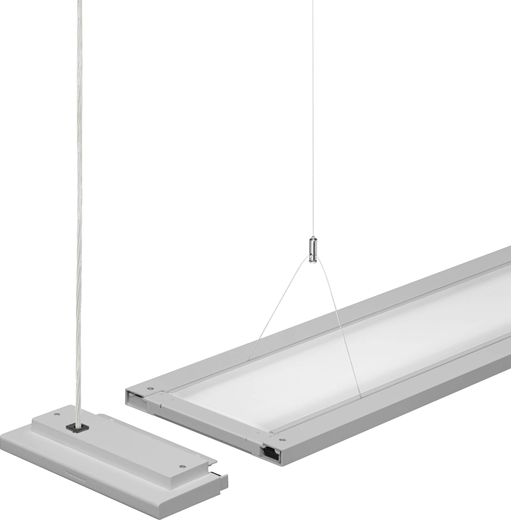 Hanglamp in modern design met rechthoekig frame en verlicht oppervlak, bevestigd aan dunne kabels.