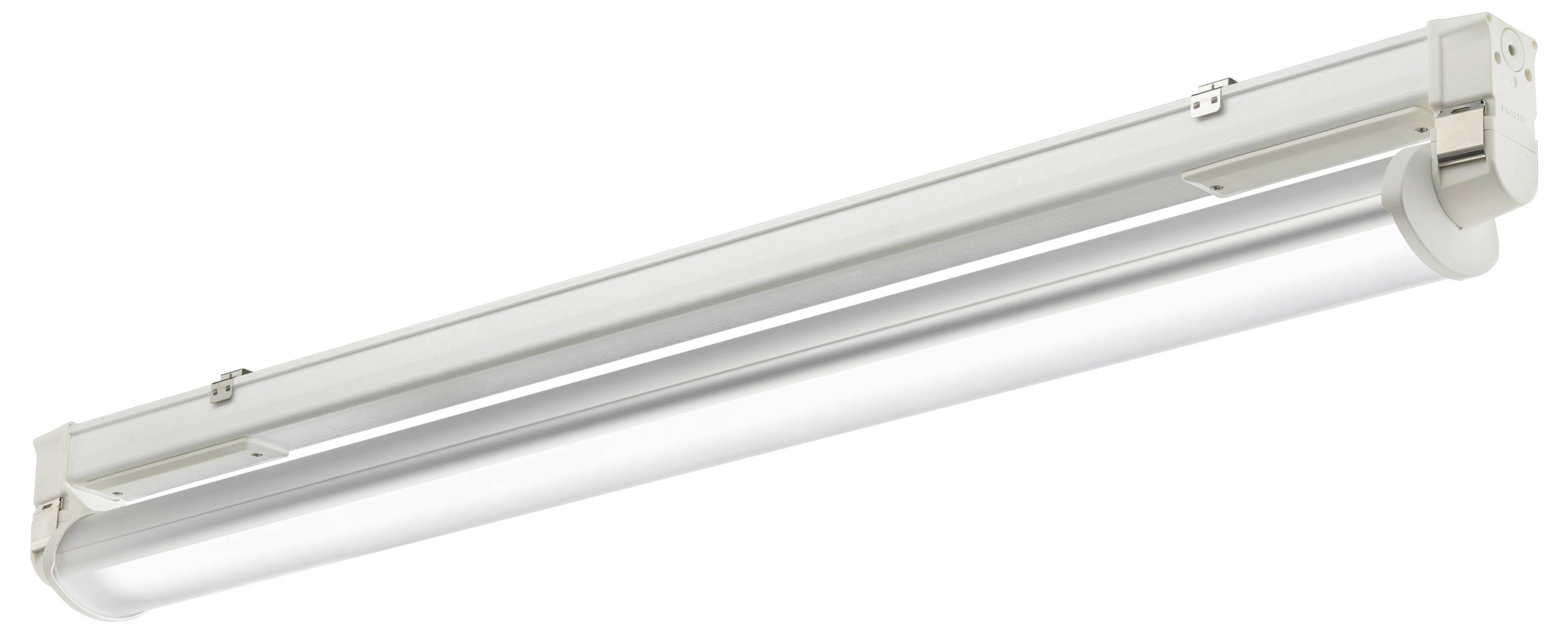 Een langwerpige LED-armatuur met een zilveren behuizing, geschikt voor plafondmontage in binnenruimtes. Ideaal voor gelijkmatige lichtverspreiding.