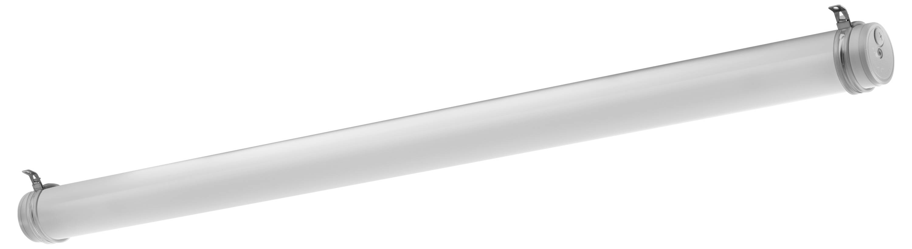 Een witte, cilindrische LED-verlichting, horizontaal gemonteerd, met bevestigingselementen aan beide uiteinden. Geschikt voor industriële toepassingen.