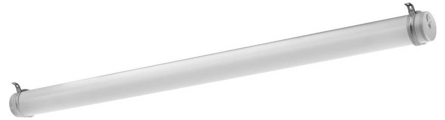 Lange, witte LED-armatuur in cilindrische vorm, geschikt voor gebruik in industriële of commerciële omgevingen.