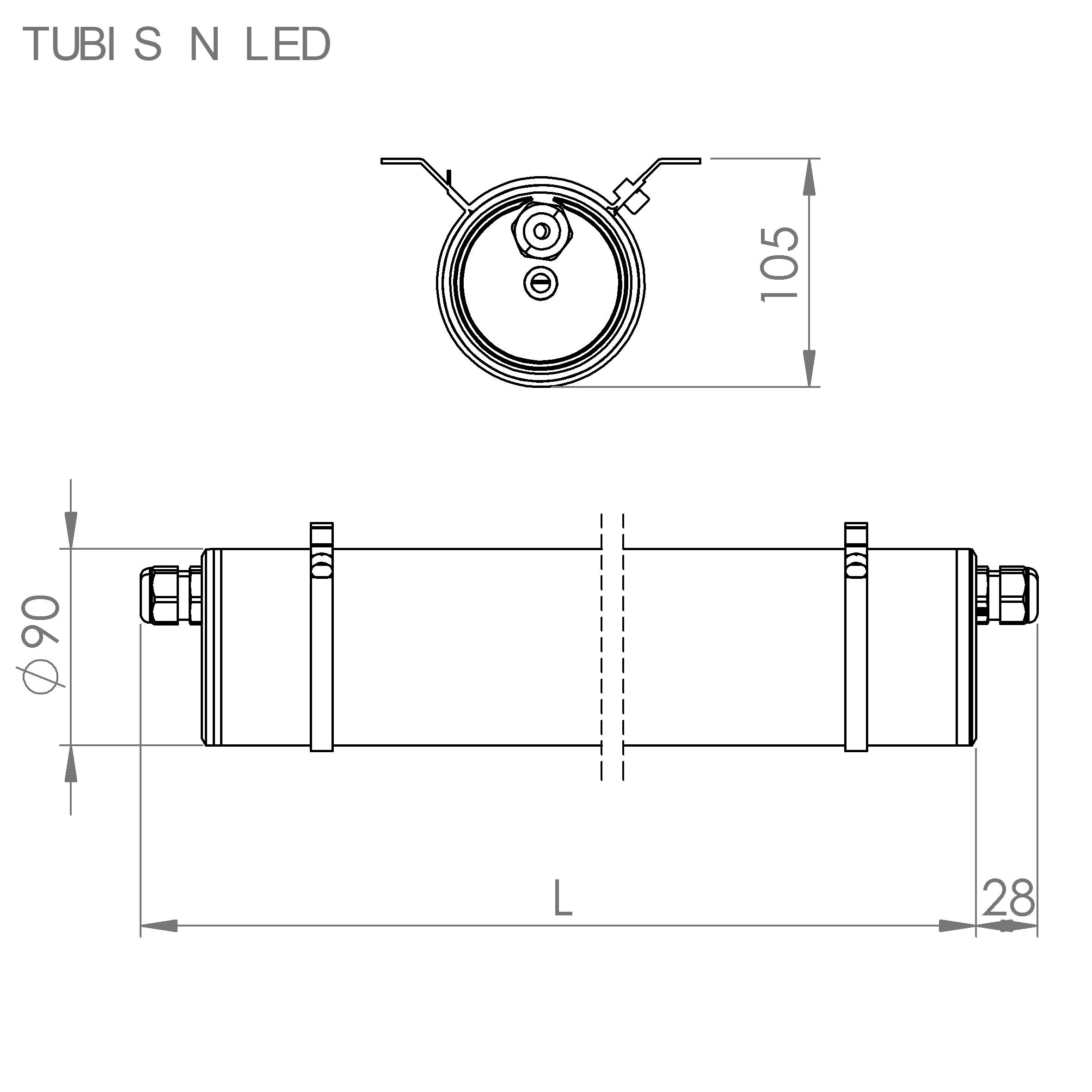 'Technische tekening van een LED-lamp Tubi S N' toont afmetingen: Ø90, hoogte 105, en breedte L. Zijaanzicht met bevestigingselementen.