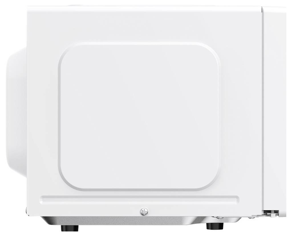 Zijaanzicht van een witte magnetron met een strak ontwerp, met de nadruk op minimalistische vormen en heldere lijnen.