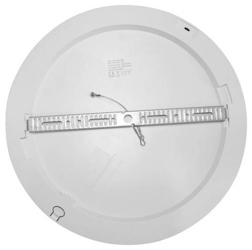 Achterkant van een ronde plafondlamp met metalen bevestigingsbeugel voor montage.