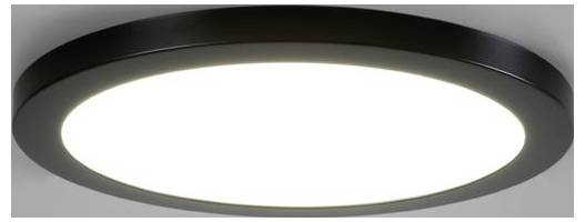 Een ronde LED-plafondlamp met zwarte rand en helder, gelijkmatig licht, gemonteerd op een wit plafondoppervlak.