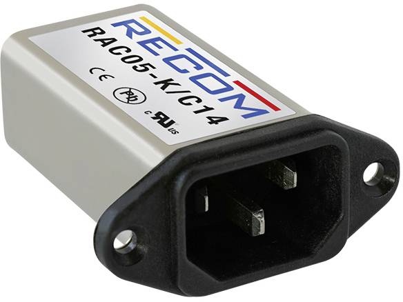 Afbeelding van een AC-DC schakelnetvoeding van RECOM met modelnummer RAC05-K/C14. Rechthoekige metalen behuizing met zwarte kunststof voorkant.