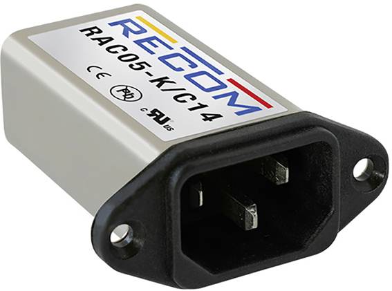 Stroomvoorzieningscomponent met opschrift 'RECOM RAC05-K/C14', twee metalen pinnen en kunststof behuizing, gebruikt in elektrische apparaten.