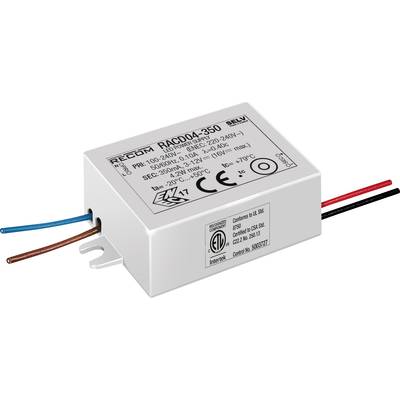 Rechthoekige LED-driver met opschrift 'RECOM RACD04-350'. Toont technische specificaties en keurmerken op behuizing in het wit.