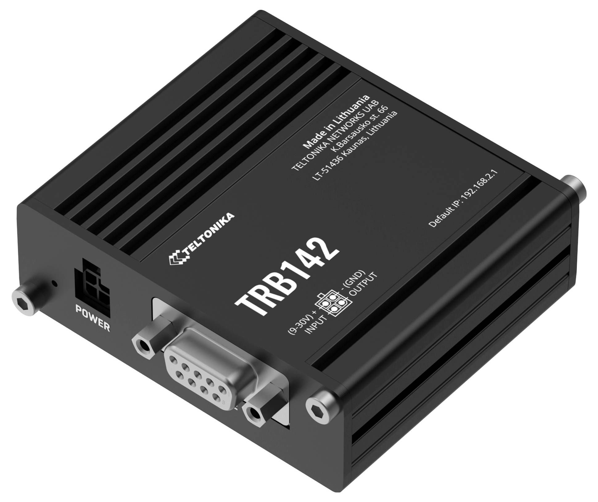 Het beeld toont een mobiele router met kabels, een antenne en een voedingsadapter. Modelnummer 'TRB142' is zichtbaar op het apparaat.