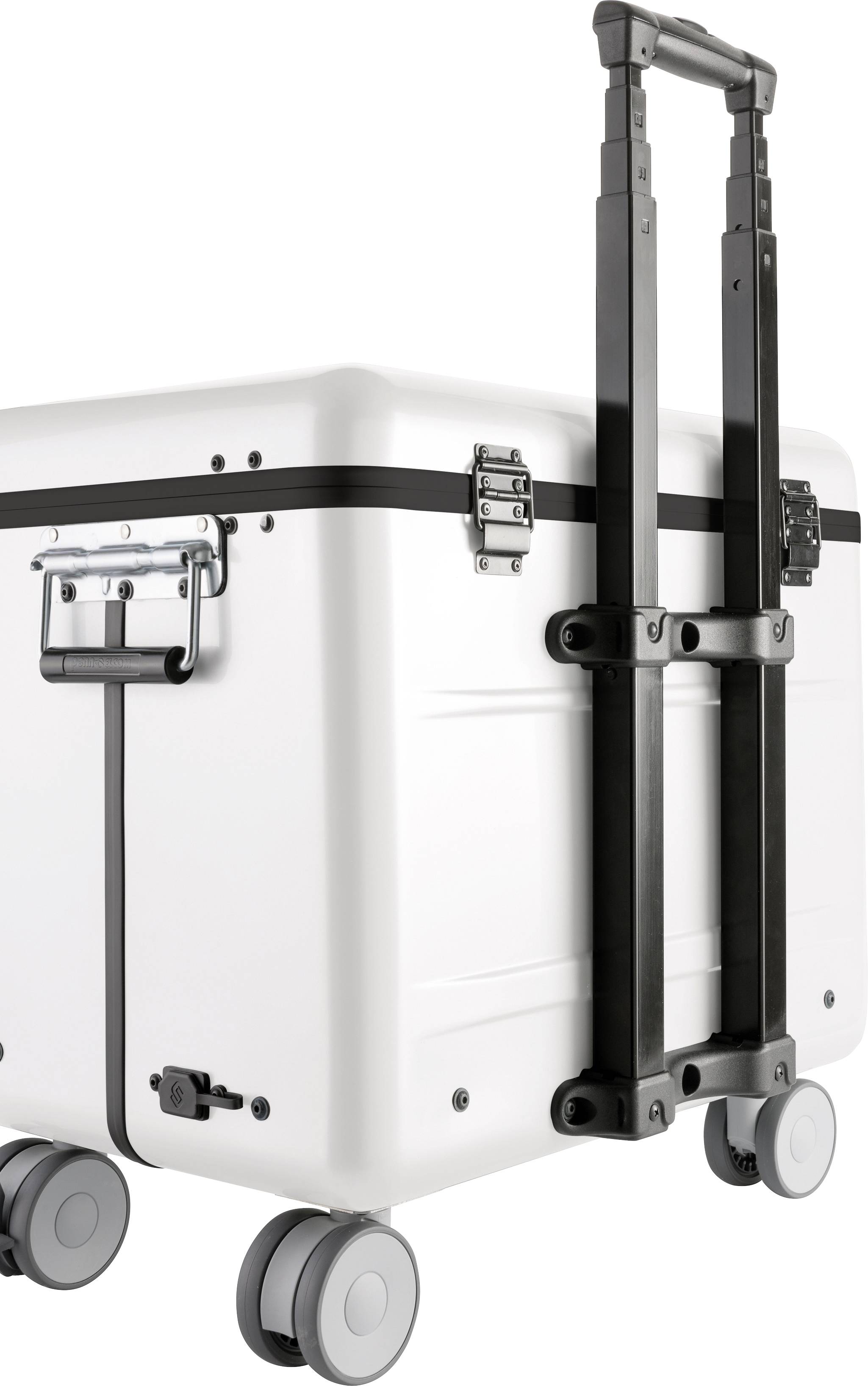 Witte rolcontainer met zwart frame en handgreep. Container heeft vier wielen en metalen sloten.