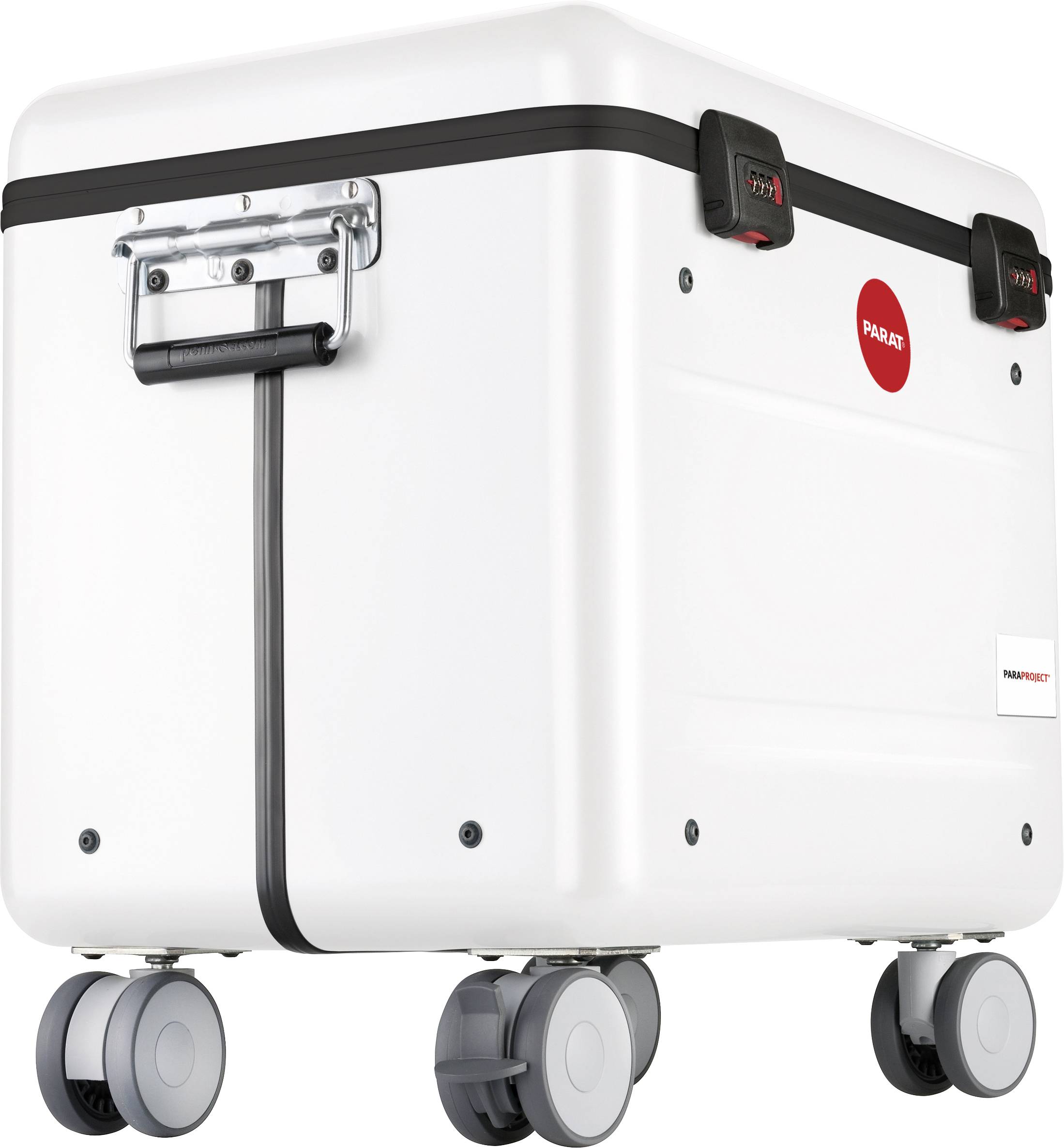 Een witte, vierkante koffer met vier wielen. Hij heeft zijhandgrepen en een rood logo. Ideaal voor mobiel transport.