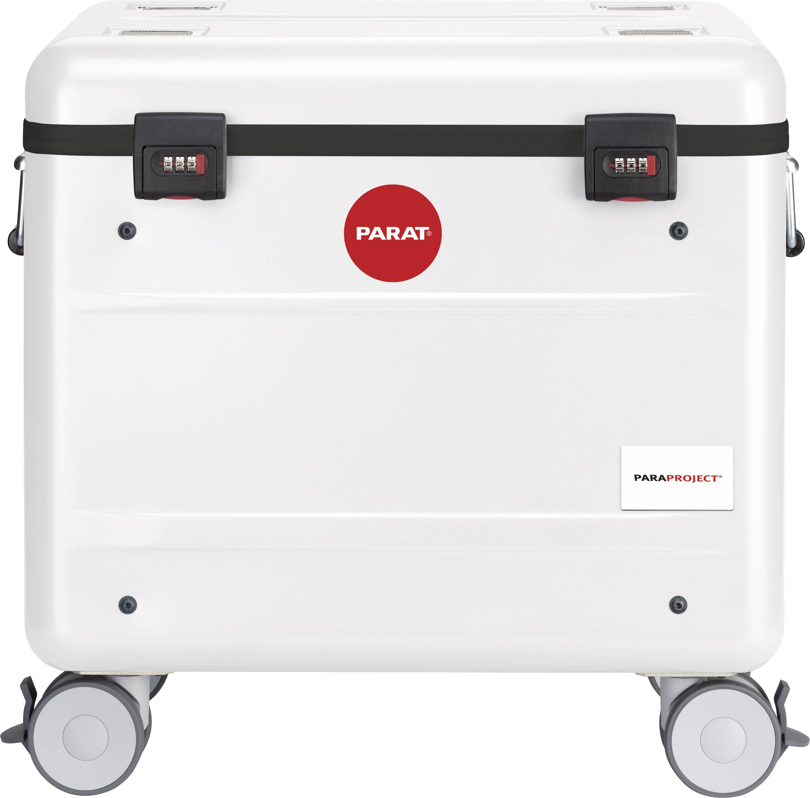 Witte mobiele opbergdoos van PARAT met wielen en dubbele sluitingen.