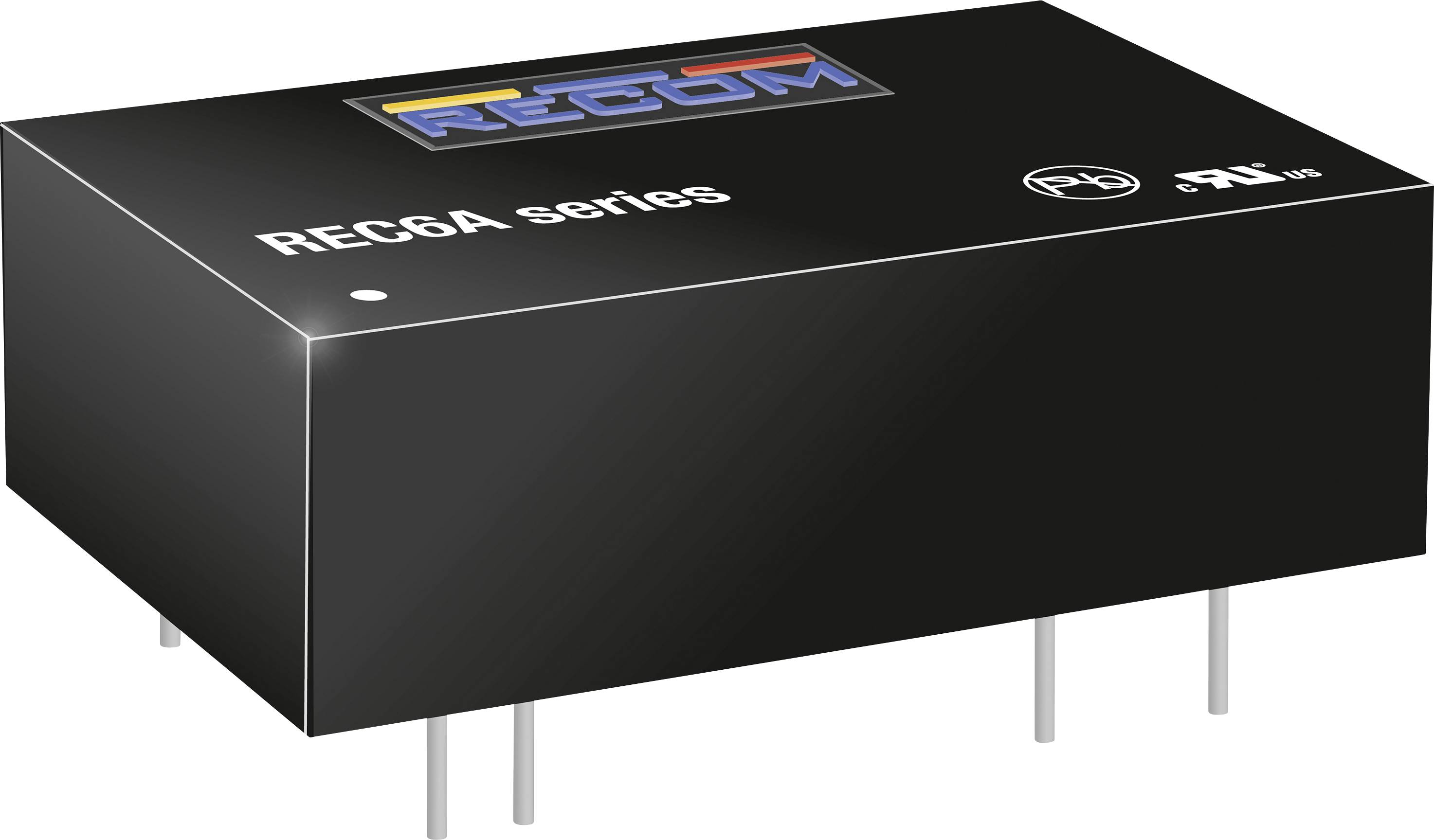 Elektronisch onderdeel: Een zwart rechthoekig lichaam met de opdruk 'REC6A serie', meerdere pinnen en een gekleurd logo.