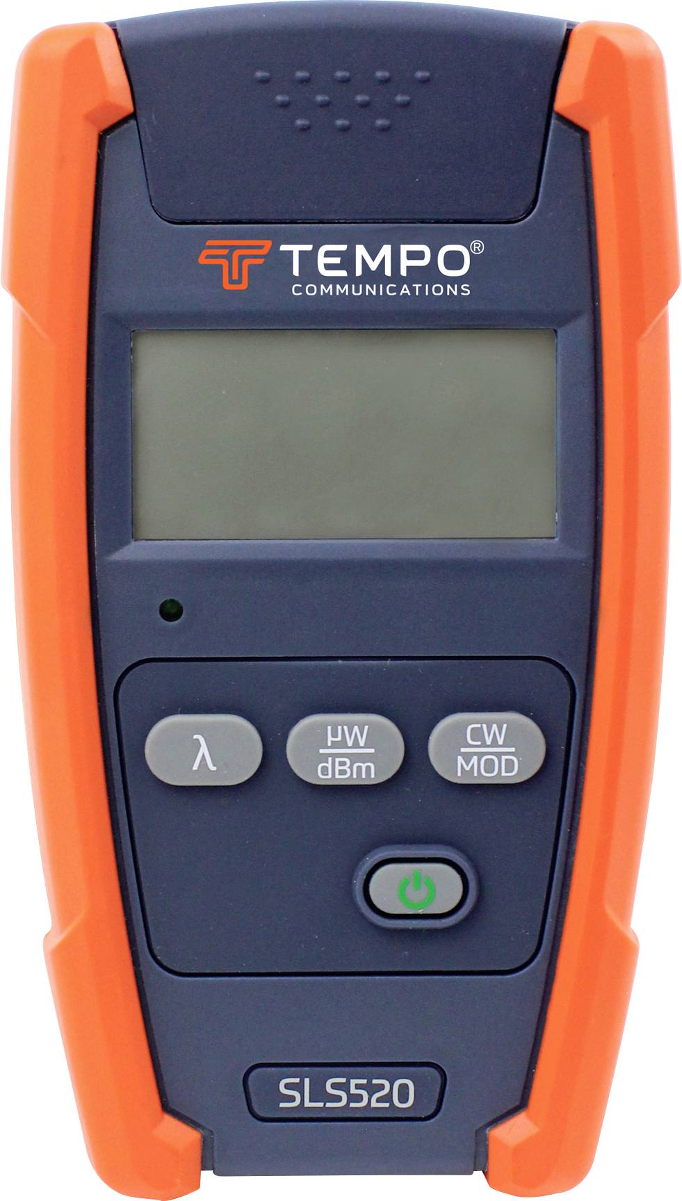 Een blauw-oranje elektronisch apparaat met display en drie knoppen van 'Tempo Communications', model 'SLS520'.