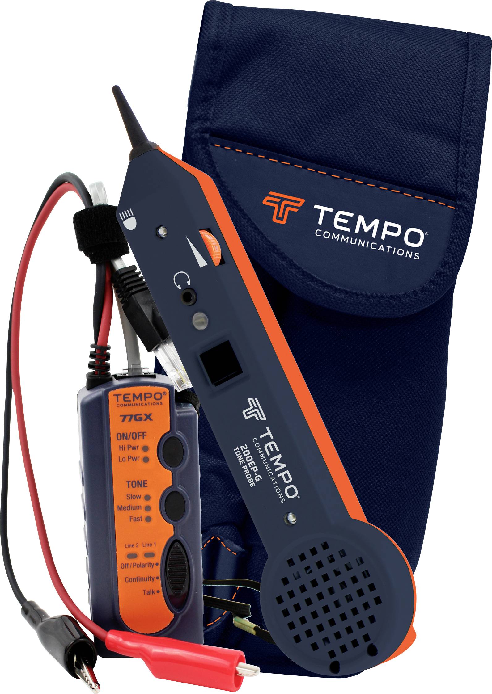Geluid- en testkabeltester van Tempo Communications met blauwe en oranje details, geplaatst voor een donkerblauwe draagtas.
