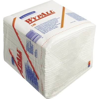 Een verpakking 'WypAll' doeken van Kimberly-Clark, 140 stuks. Witte, vierkante schoonmaakdoeken, verpakt in plastic, voor reiniging.