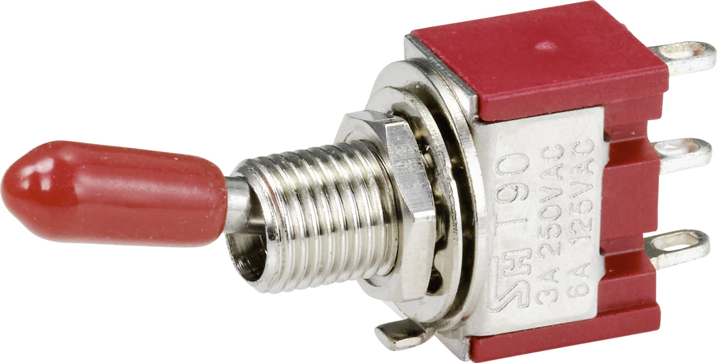 Een rode metalen wip-schakelaar met een schroefdraad en drie aansluitingen aan de achterkant. Geschikt voor 3A 250V wisselstroom.