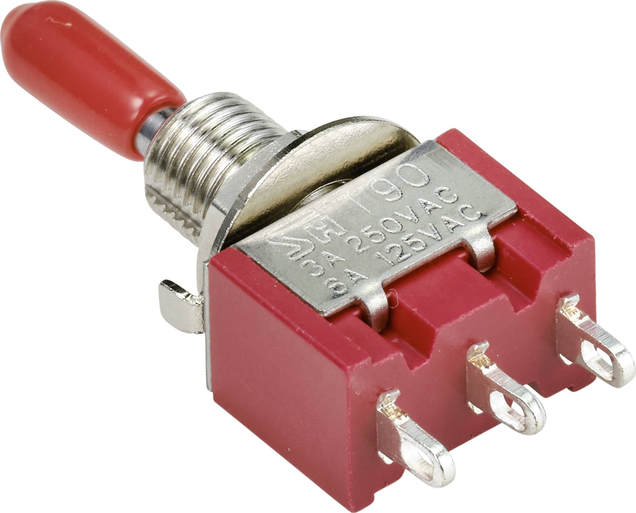 Een rode wipschakelaar met drie metalen pennen en opschriften '3A 250VAC' en '3A 125VAC'. Voornamelijk gebruikt voor elektrische schakelingen.