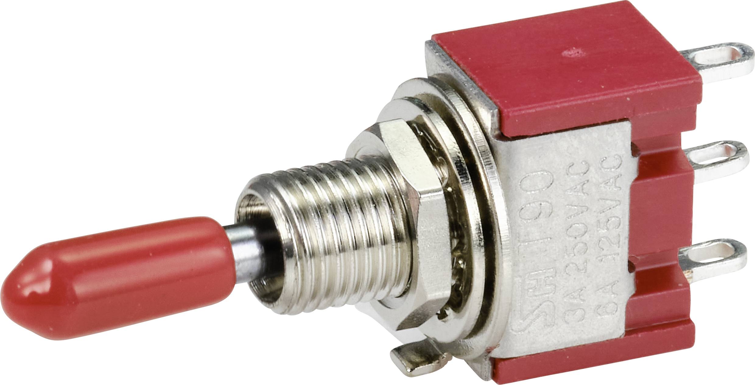 Een rode tuimelschakelaar met metalen schroefdraad en drie aansluitingen. Geschikt voor elektronische toepassingen met een spanning tot 250V AC.