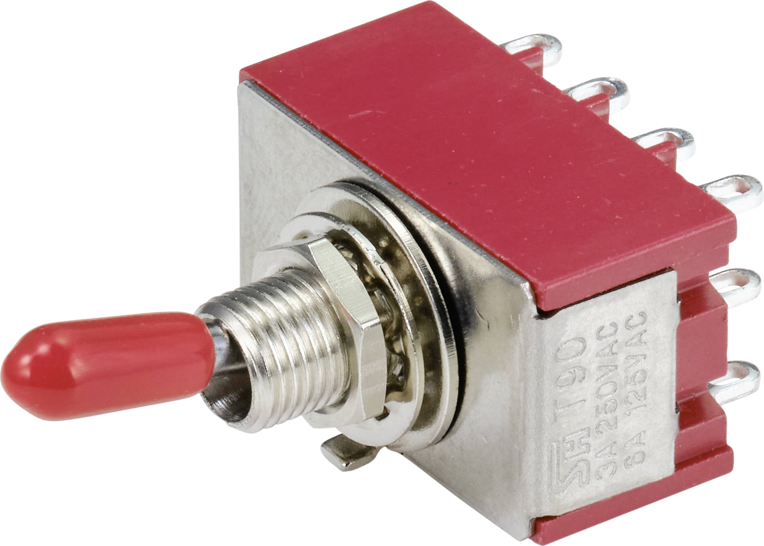 Een rode tuimelschakelaar met zes metalen aansluitingen, geschikt voor elektrische toepassingen met een spanningsgrens van 250VAC.