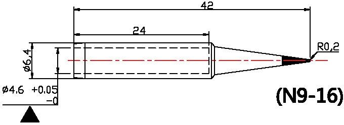 Technische tekening van een cilindrisch object met afmetingen van 42 mm lengte, 6,4 mm diameter en een punt met een radius van 0,2 mm.