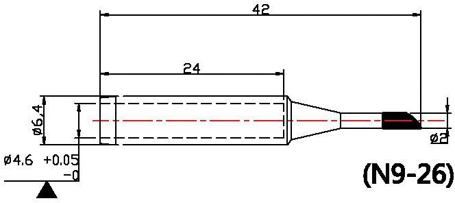 Technische tekening van een cilindrische voorwerp met nauwkeurige afmetingen in millimeters: lengte 42, diameter 4,6 en 2. Modelnummer N9-26.
