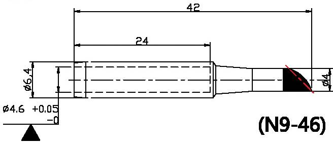 Technische tekening van een cilindrisch onderdeel met afmetingen: Totaal 42 mm, segment 24 mm. Diameter variërend van 4,6 mm tot 6,4 mm.