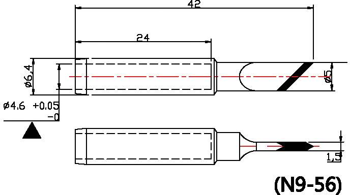 Technische tekening van een frees met maatgegevens: Totale lengte 42 mm, werklengte 24 mm, diameter 6,4 mm, tolerantie +0,05 mm.