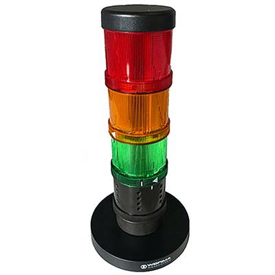 Een driekleurige signaallamp met rode, oranje en groene verlichting die de status van een machine of proces aangeeft.