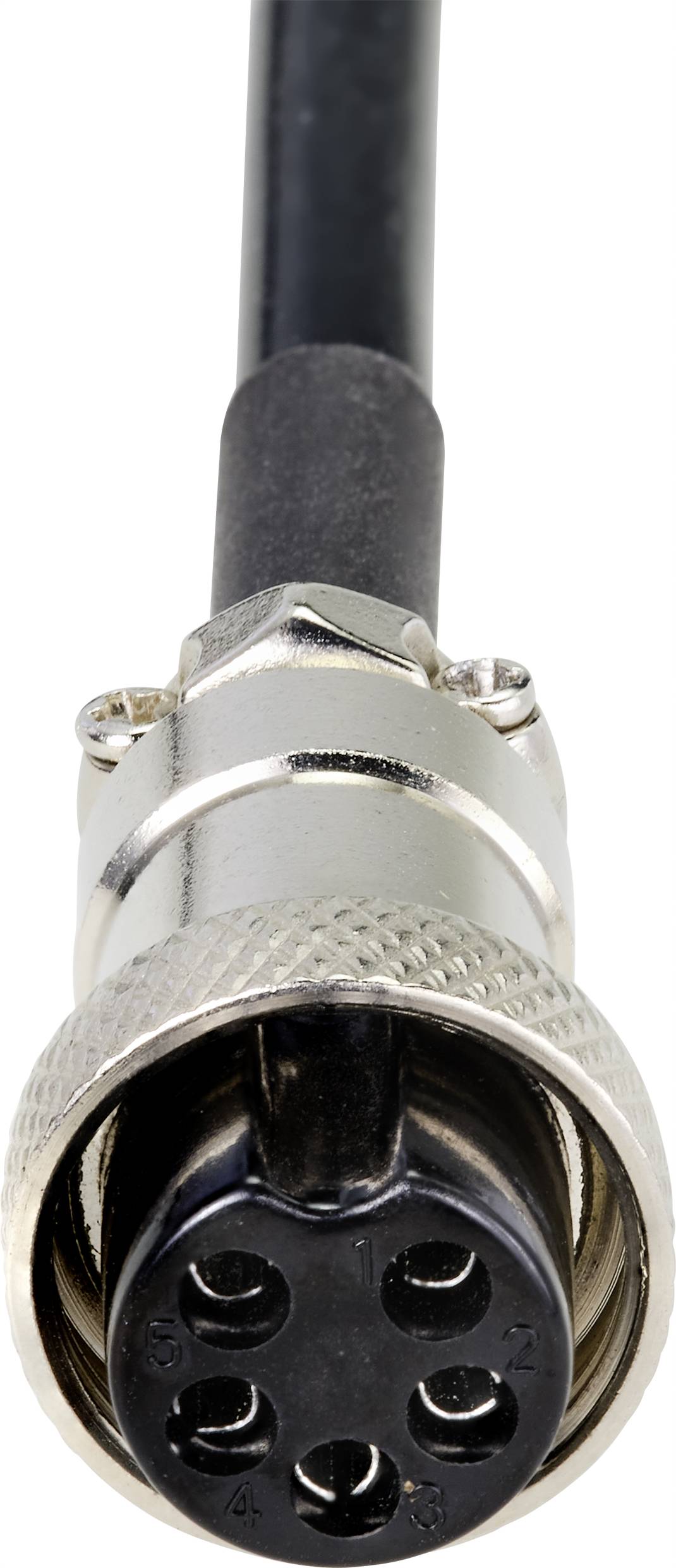 Een ronde, metalen stekker met zes aansluitpunten aan een kabel. Wordt gebruikt voor elektronische verbindingen.