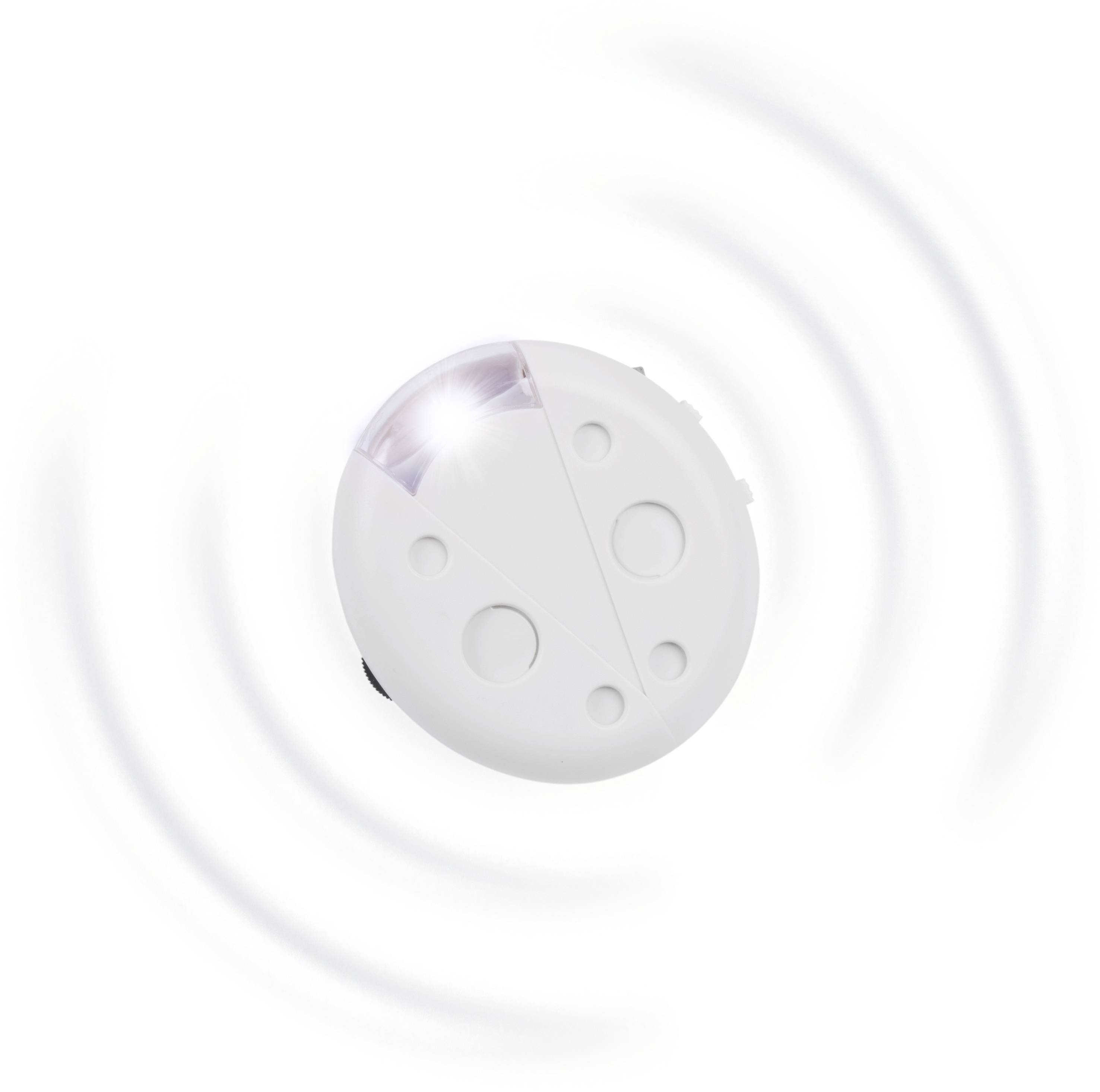 Een wit, rond voorwerp met een lichtgevende koepel en radiale golven, symboliserend voor een soort sensor of signaalapparaat.