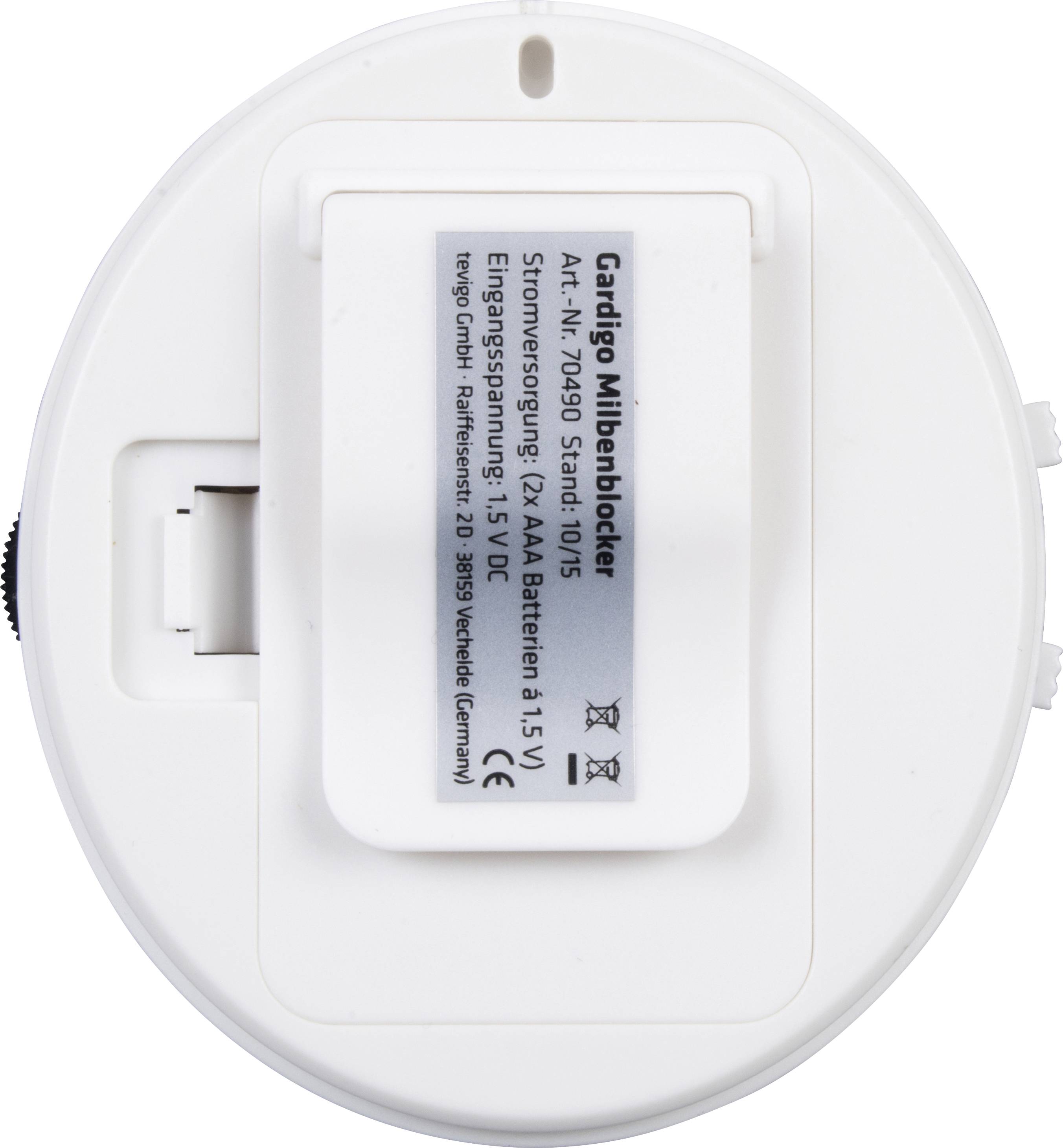 'Gardigo Muggenblokker' aanzicht van achteren met batterijvak en technische details, inclusief artikelnummer en spanningsspecificaties.
