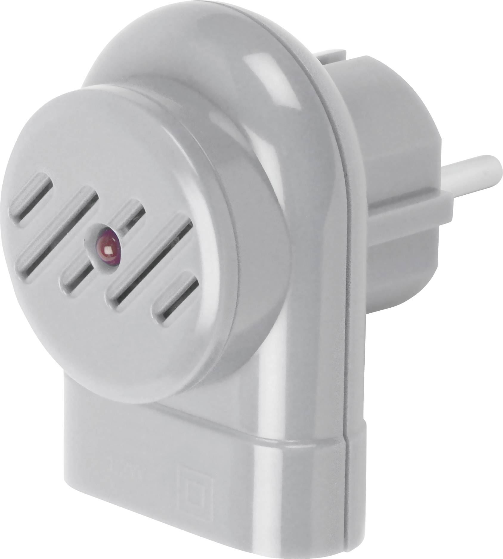 Een grijze elektronische apparaatstekker met ventilatiesleuven en een rood indicatielampje aan de voorkant.