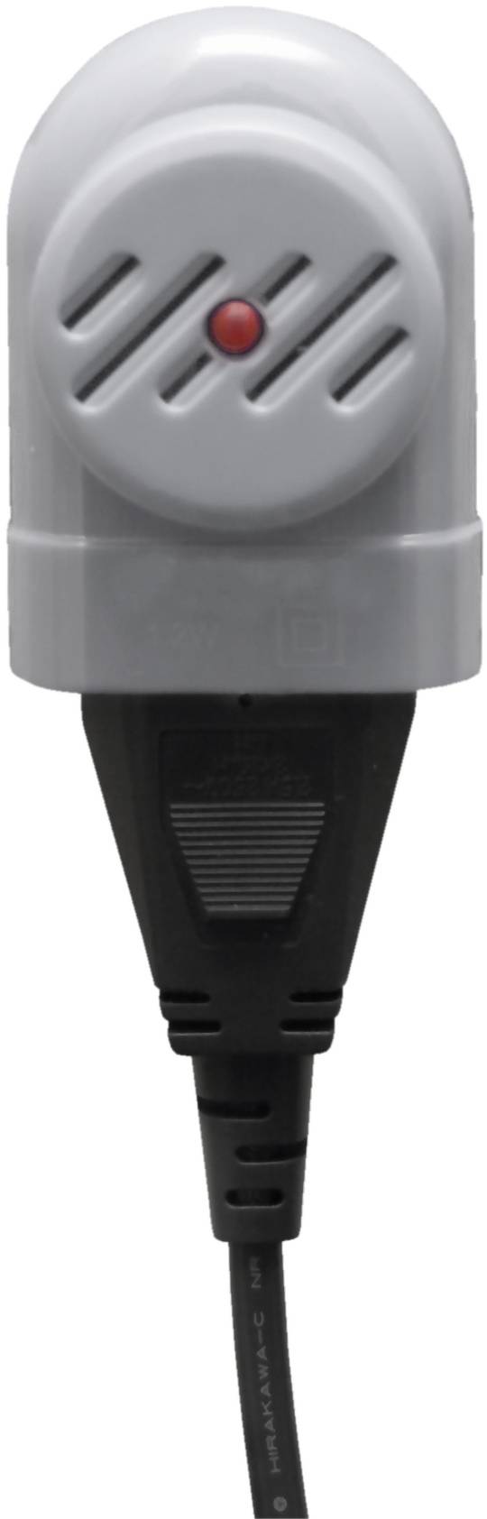 Een grijze sensor met een rond behuizing toont een rode LED-indicator. Aan de onderkant is een zwart kabel aangesloten.