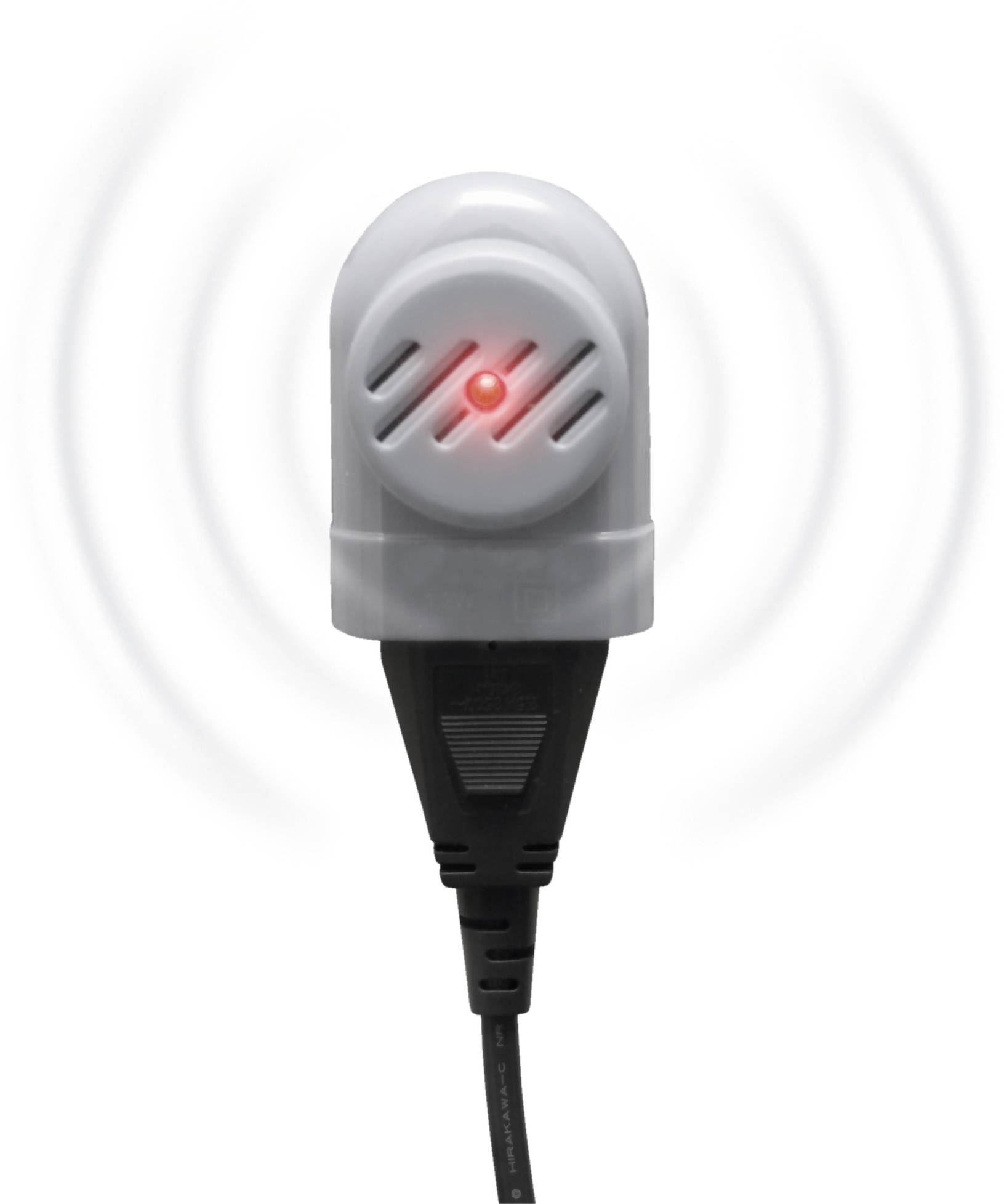 Een elektronisch insectenafweerapparaat met een rood licht in het midden, omgeven door golvende lijnen die aangeven dat het actief is.