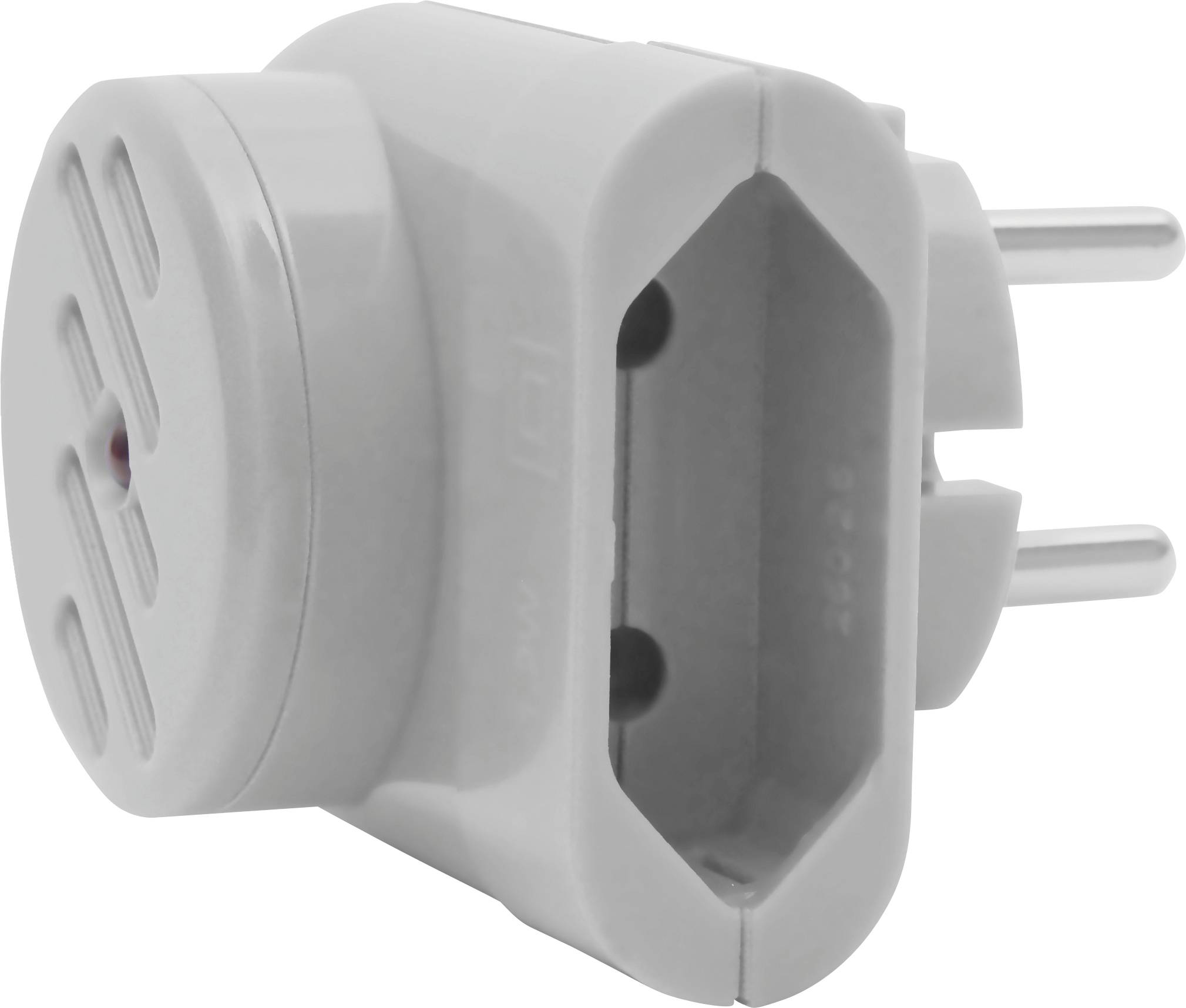 Een witte, rechthoekige stekkerdoos-adapter met randaarde-stekker en twee openingen voor het aansluiten van stekkers.