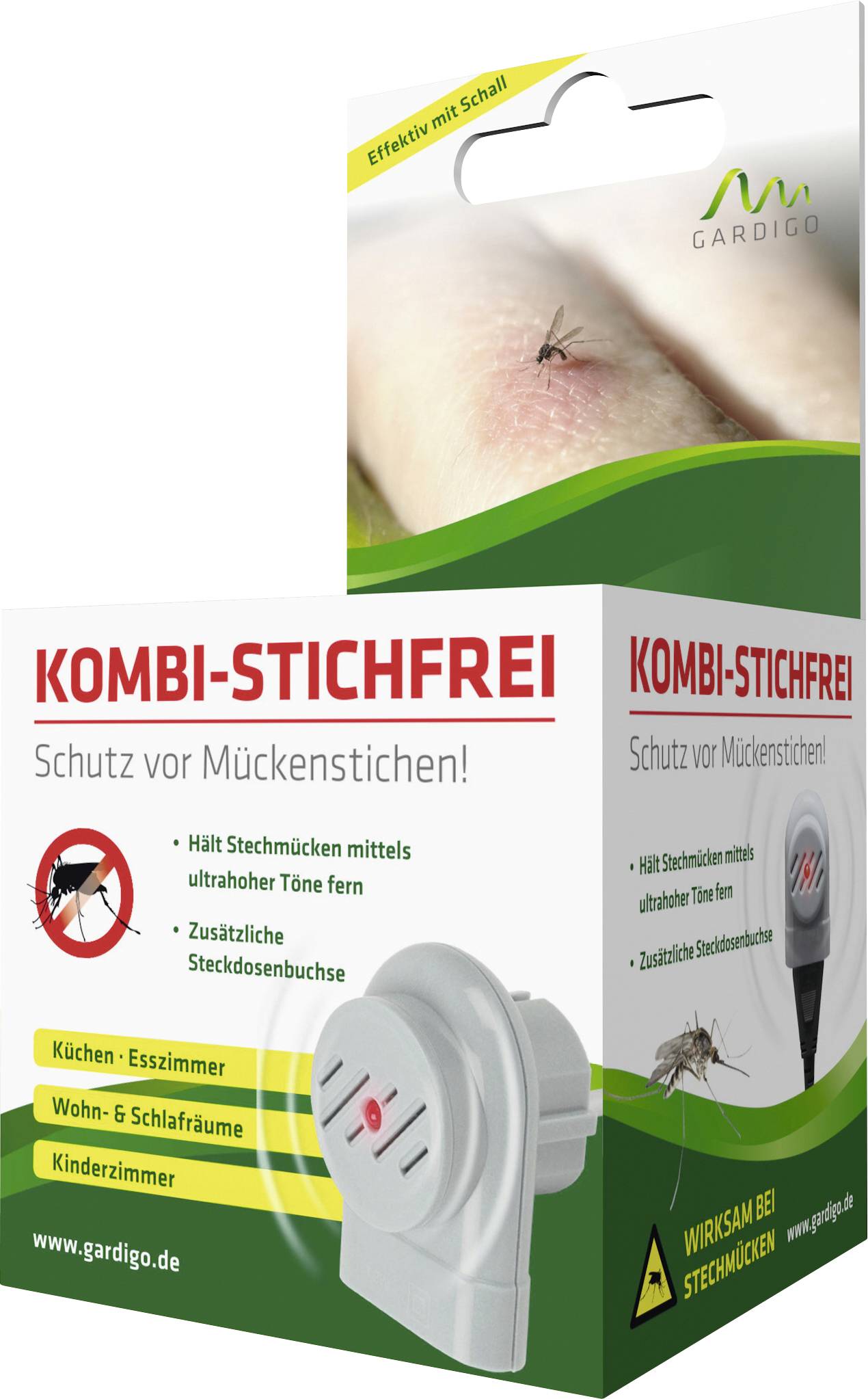 'Kombi-Steekvrij' Muggenbeschermingsapparaat; beschermt tegen muggenbeten met ultrasone technologie, geschikt voor binnenruimtes zoals keuken en slaapkamer.