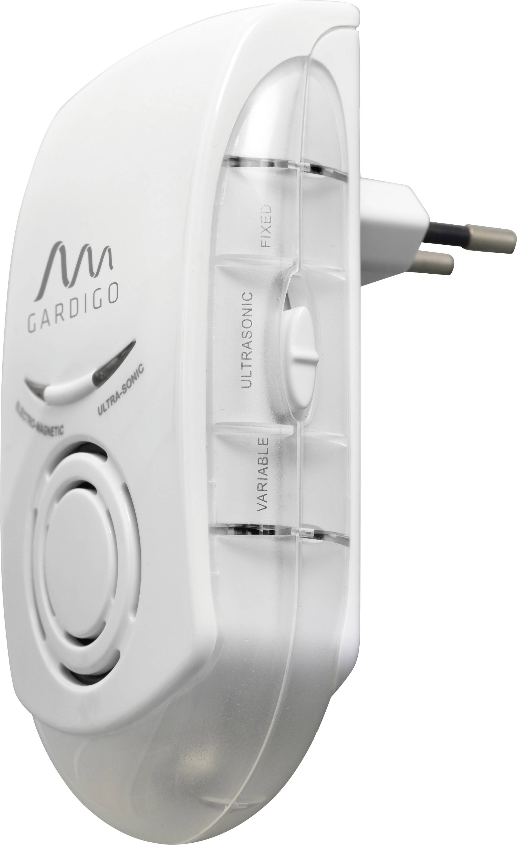 Een wit elektronisch apparaat met een stekker, gemarkeerd met 'Gardigo'. Het heeft knoppen voor 'Ultrasonic', 'Fixed' en 'Variable' instellingen.