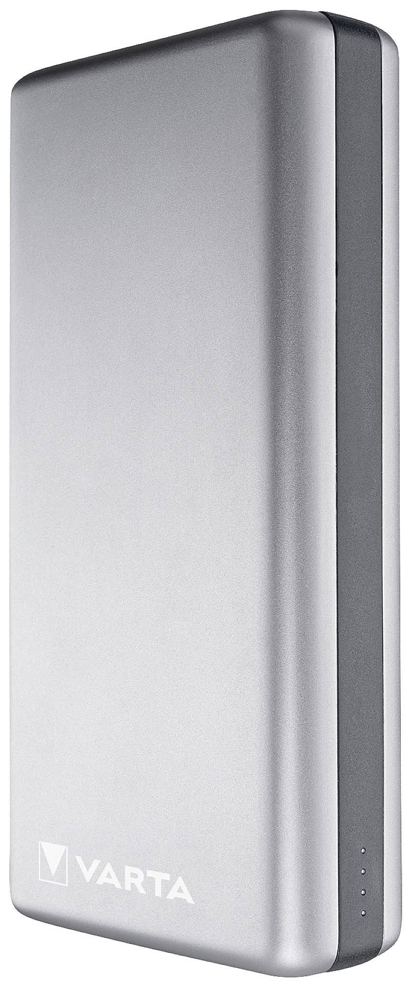 Zilveren powerbank met VARTA-logo in de linkeronderhoek, strak design.
