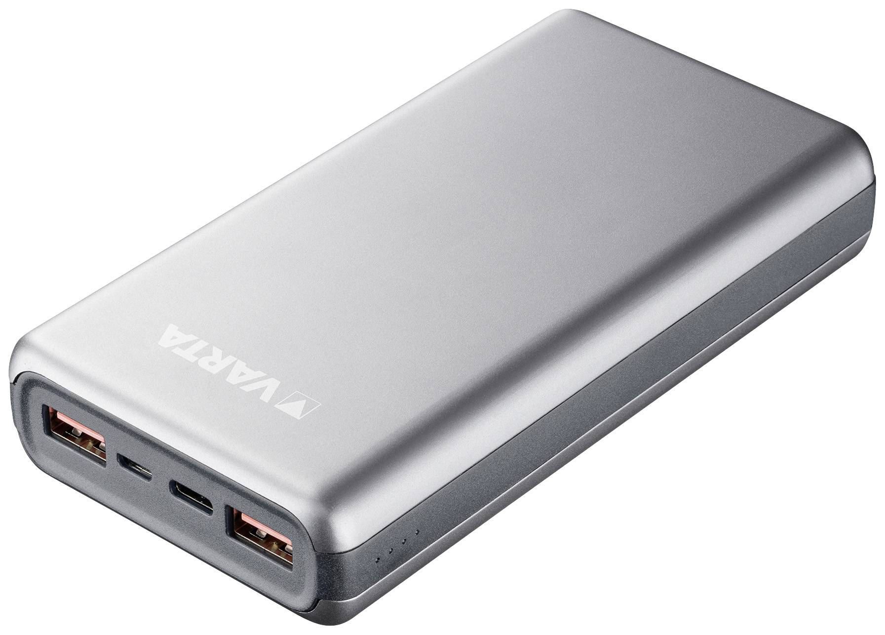 Draagbare powerbank, zilver, met twee USB-poorten en een USB-C-poort.