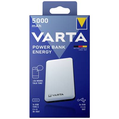 VARTA Powerbank-verpakking. Capaciteit 5000 mAh, USB-Type-C en 2 USB-uitgangen. Laadt apparaten op voor 26 uur spreektijd.